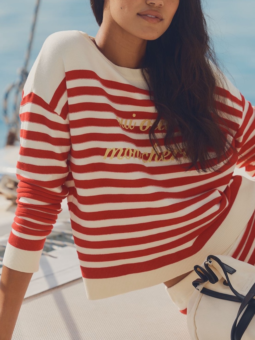 🇫🇷Anthropologie Boat Neck Long Sleeve Top New White Red Oui Mon Cherie